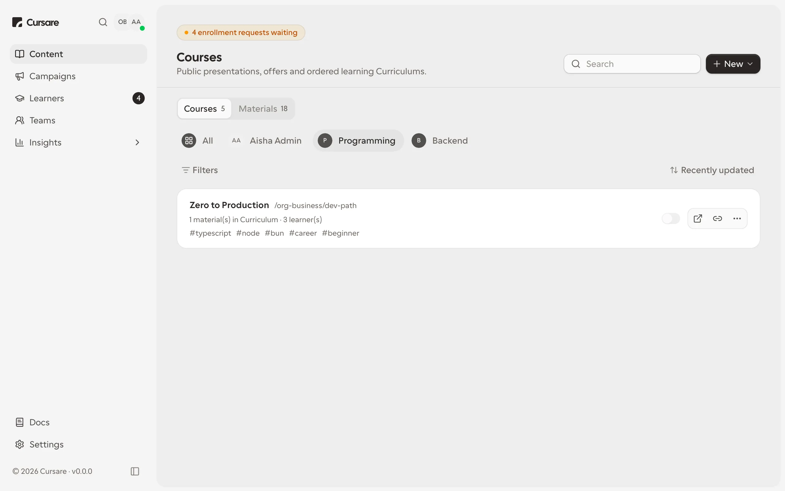 The content list, with course and material kinds distinguished and the single New button