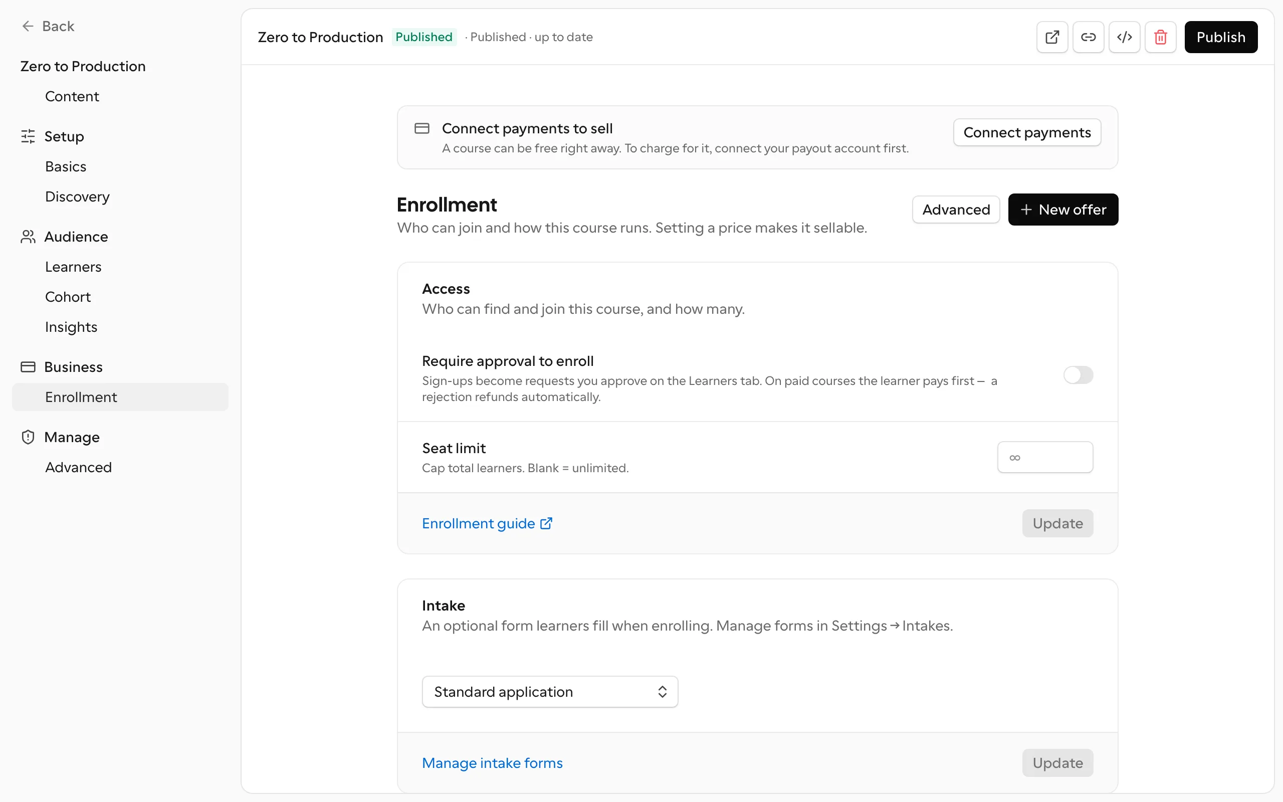 A course editor's Enrollment tab, editing the course's single offer directly
