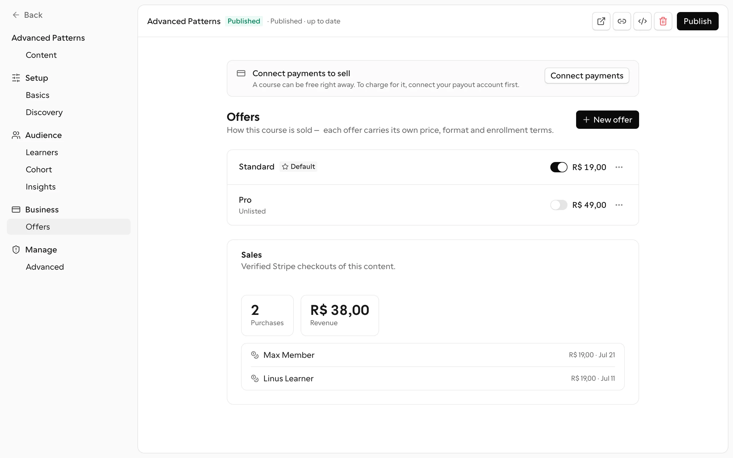 A course with several offers showing the Offers list view