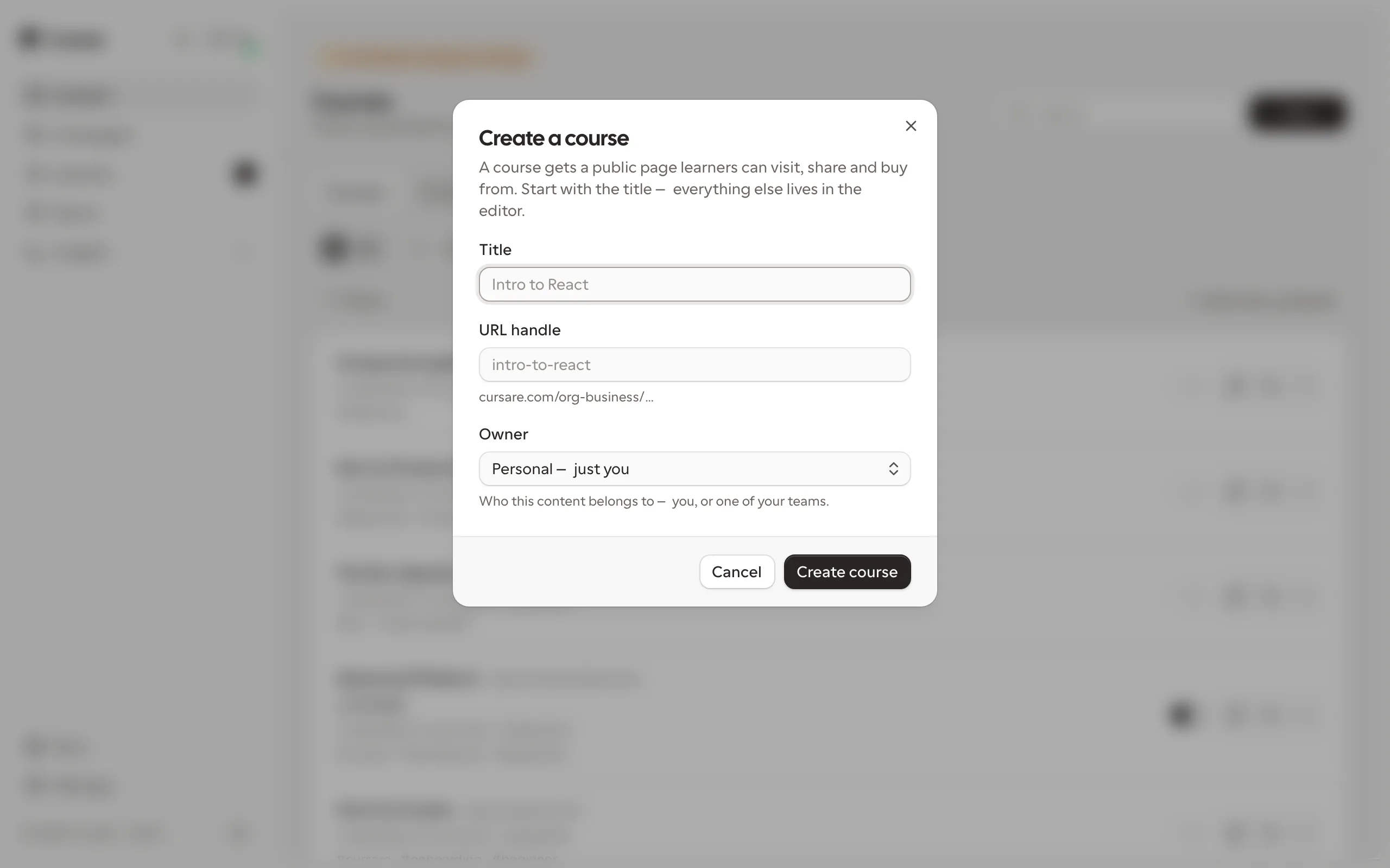 The New course dialog: title, auto-derived editable handle, and optional price